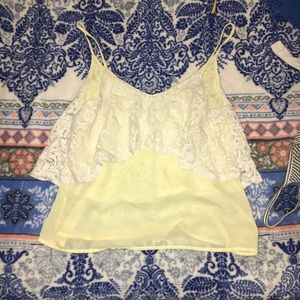 Sheer yellow tank top with lace around the top